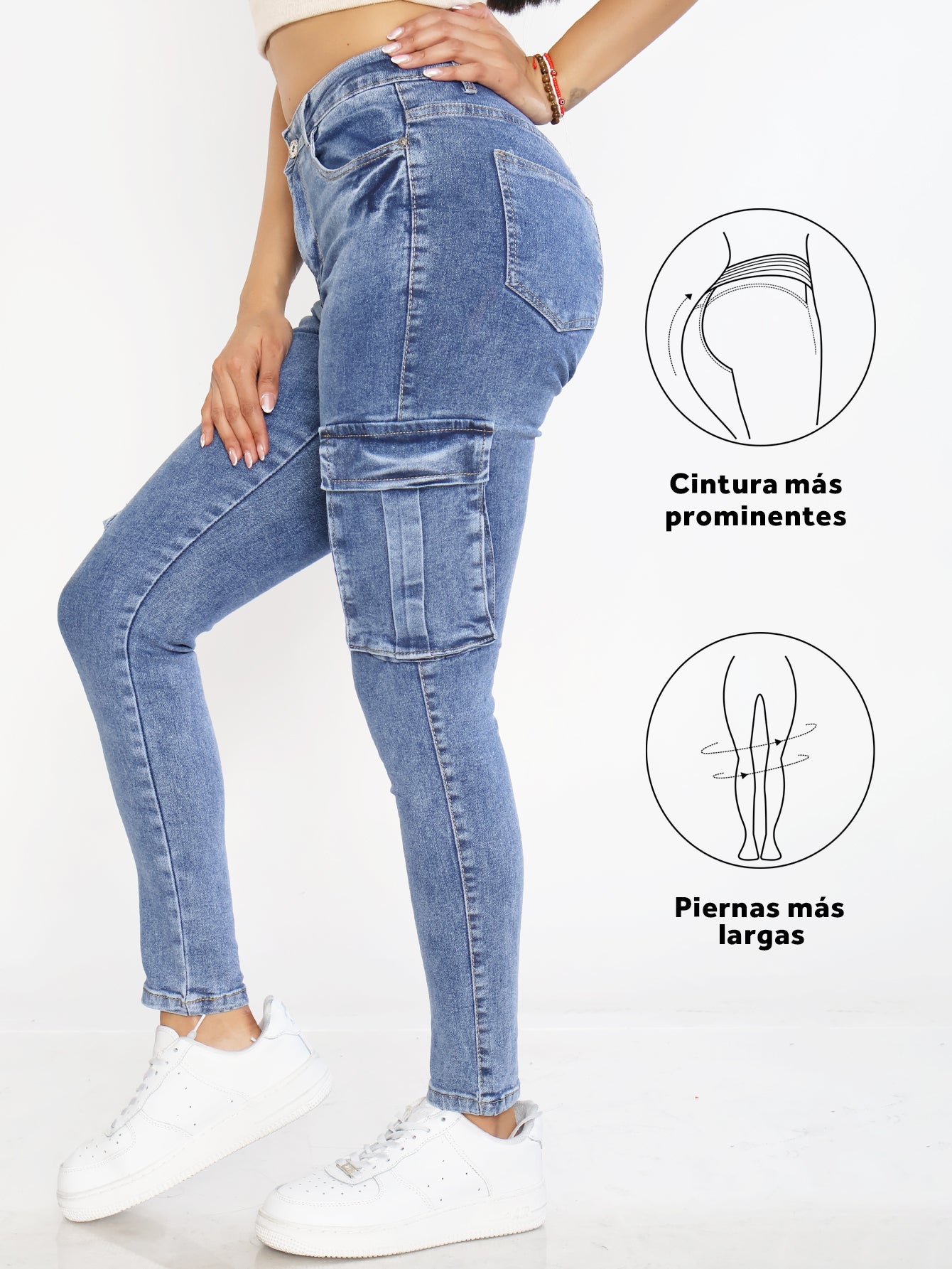 Pantalones Vaqueros Ajustados para Mujer - Azul Desgastado con Bolsillos Especiales