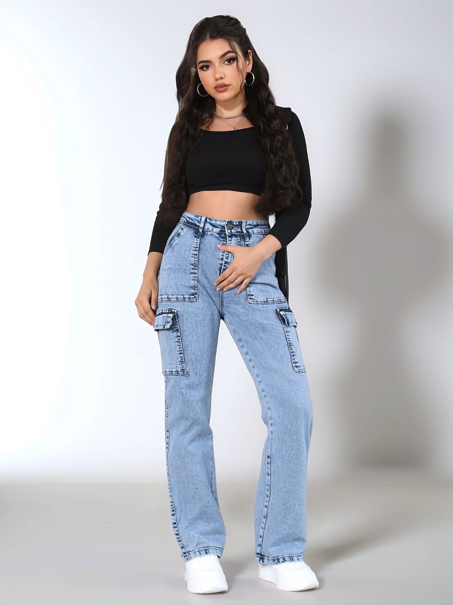HMJeans｜Pantalón vaquero de trabajo azul claro con múltiples bolsillos y corte amplio, estilo urbano versátil