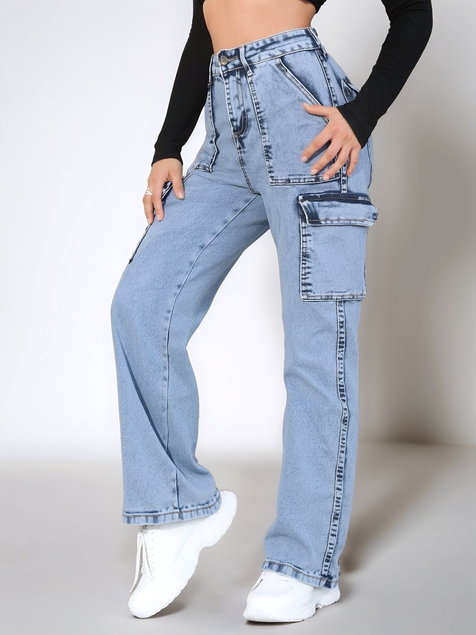 HMJeans｜Pantalón vaquero de trabajo azul claro con múltiples bolsillos y corte amplio, estilo urbano versátil