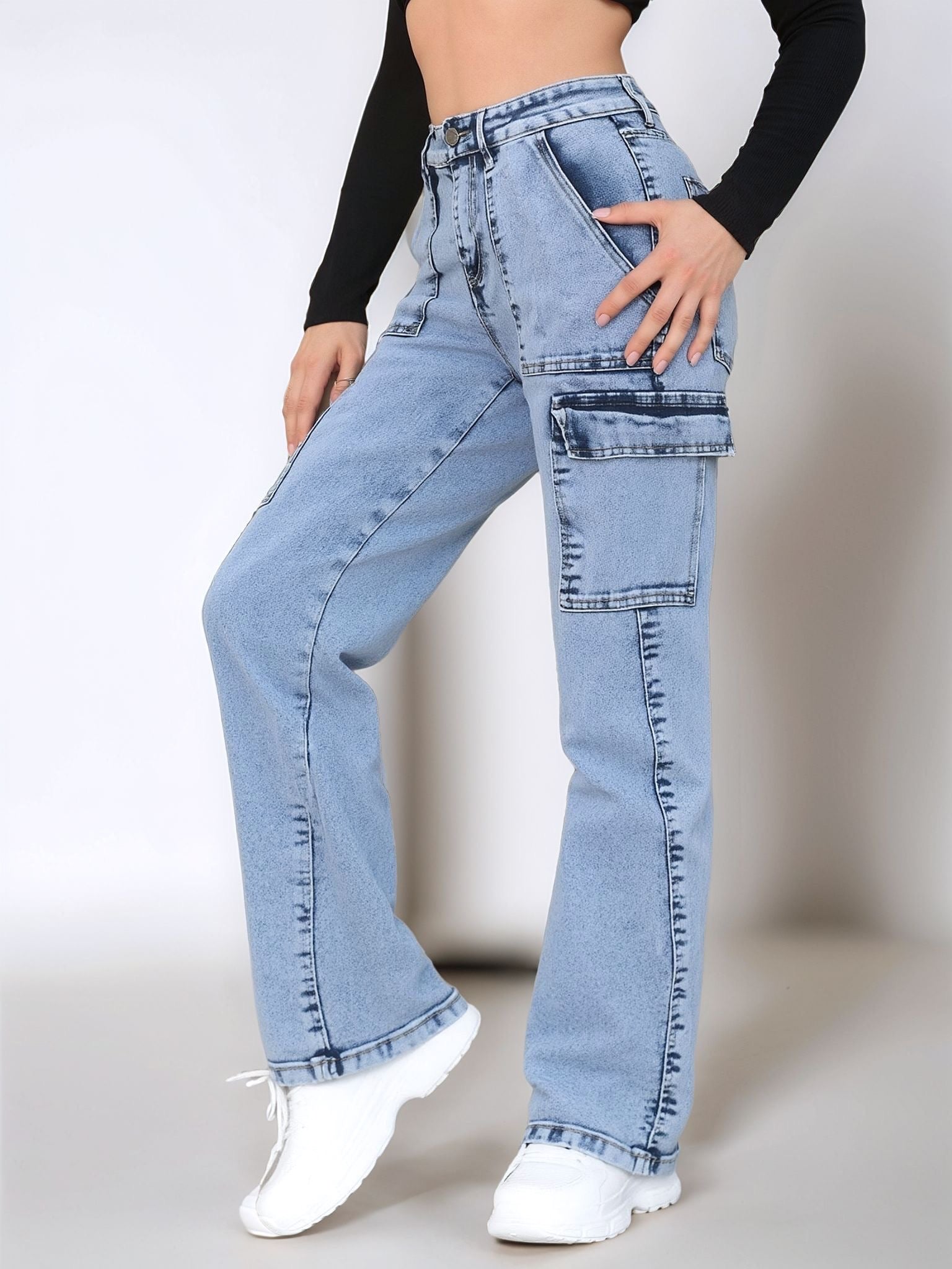 HMJeans｜Pantalón vaquero de trabajo azul claro con múltiples bolsillos y corte amplio, estilo urbano versátil