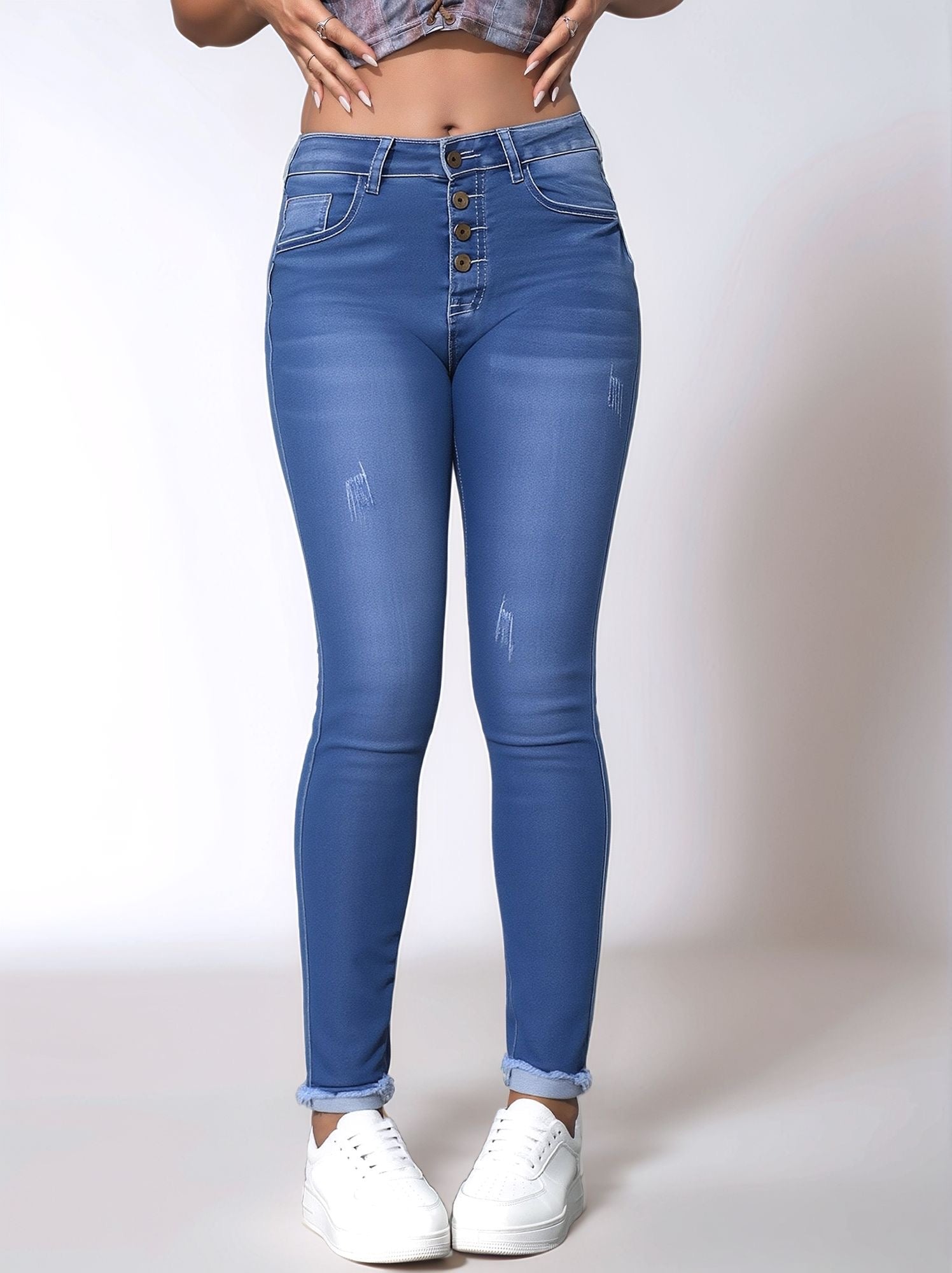 HMJeans｜Pantalones vaqueros ajustados azul claro de talle alto con fila de botones y diseño con roturas, versátiles para looks casuales