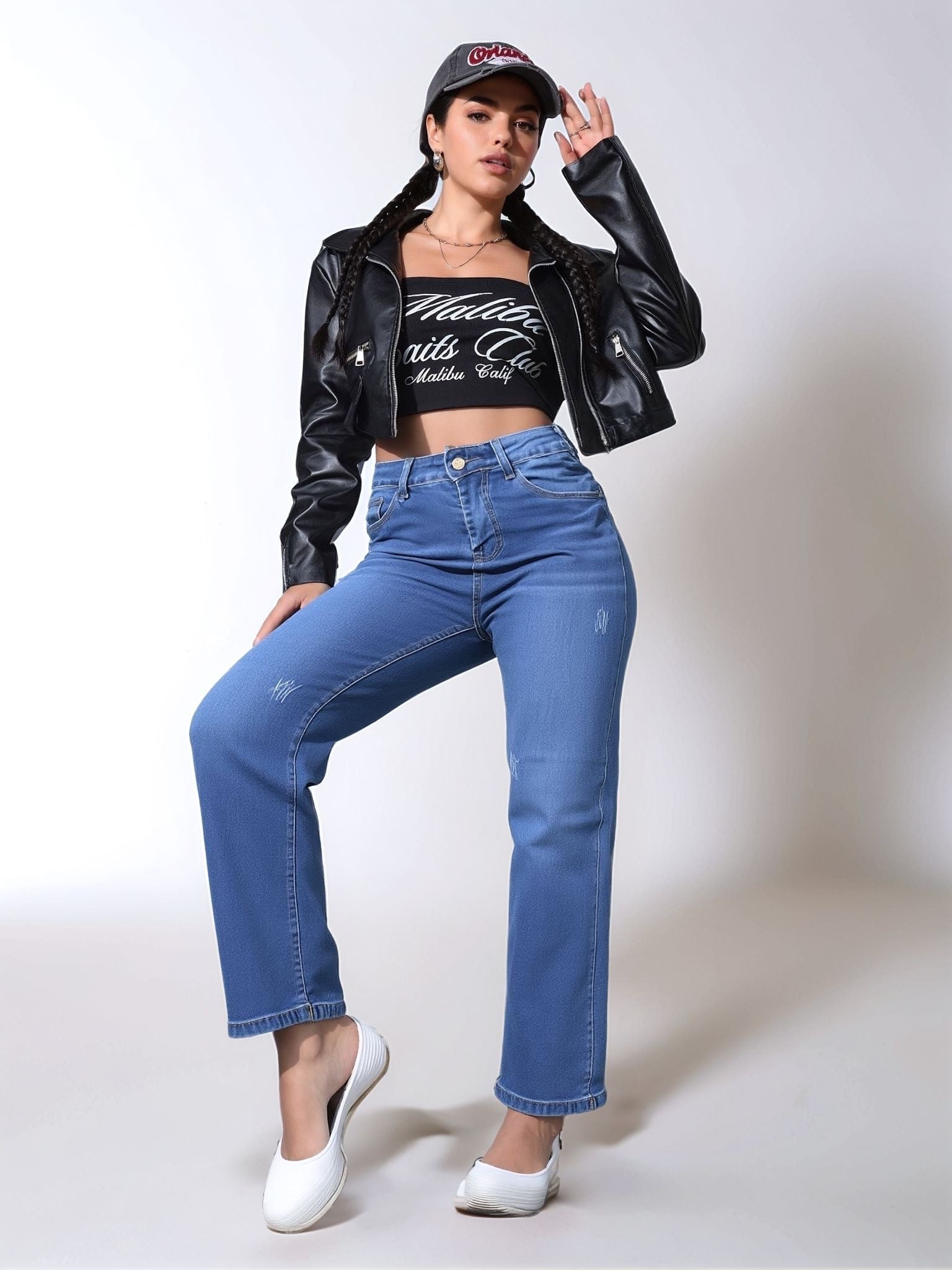 HMJeans｜Pantalón vaquero azul de corte recto y tiro alto, diseño sencillo que estiliza