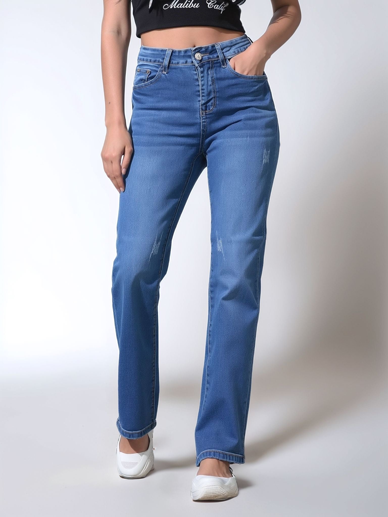 HMJeans｜Pantalón vaquero azul de corte recto y tiro alto, diseño sencillo que estiliza