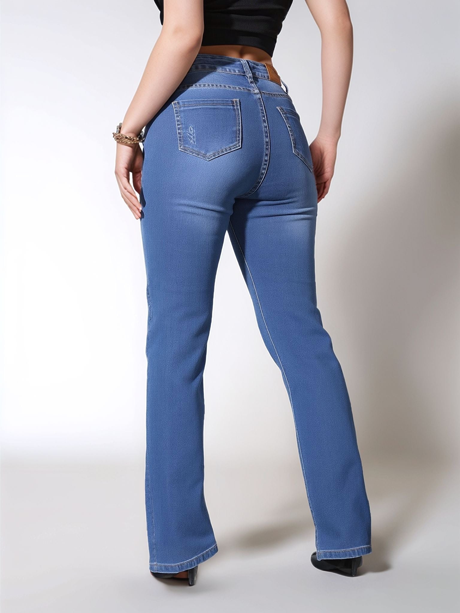 HMJeans｜Pantalón vaquero azul de corte recto y tiro alto, diseño sencillo que estiliza
