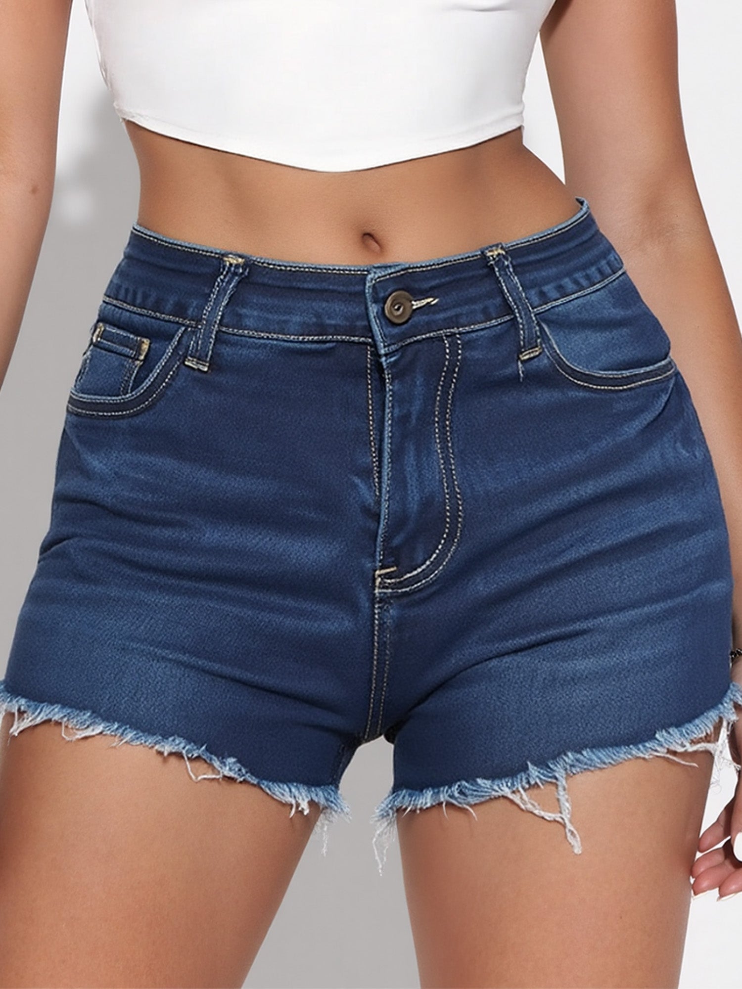HMJeans｜Pantalones cortos vaqueros azul marino de talle alto con bordes deshilachados, diseño sencillo y ajustado, versátil para looks casuales