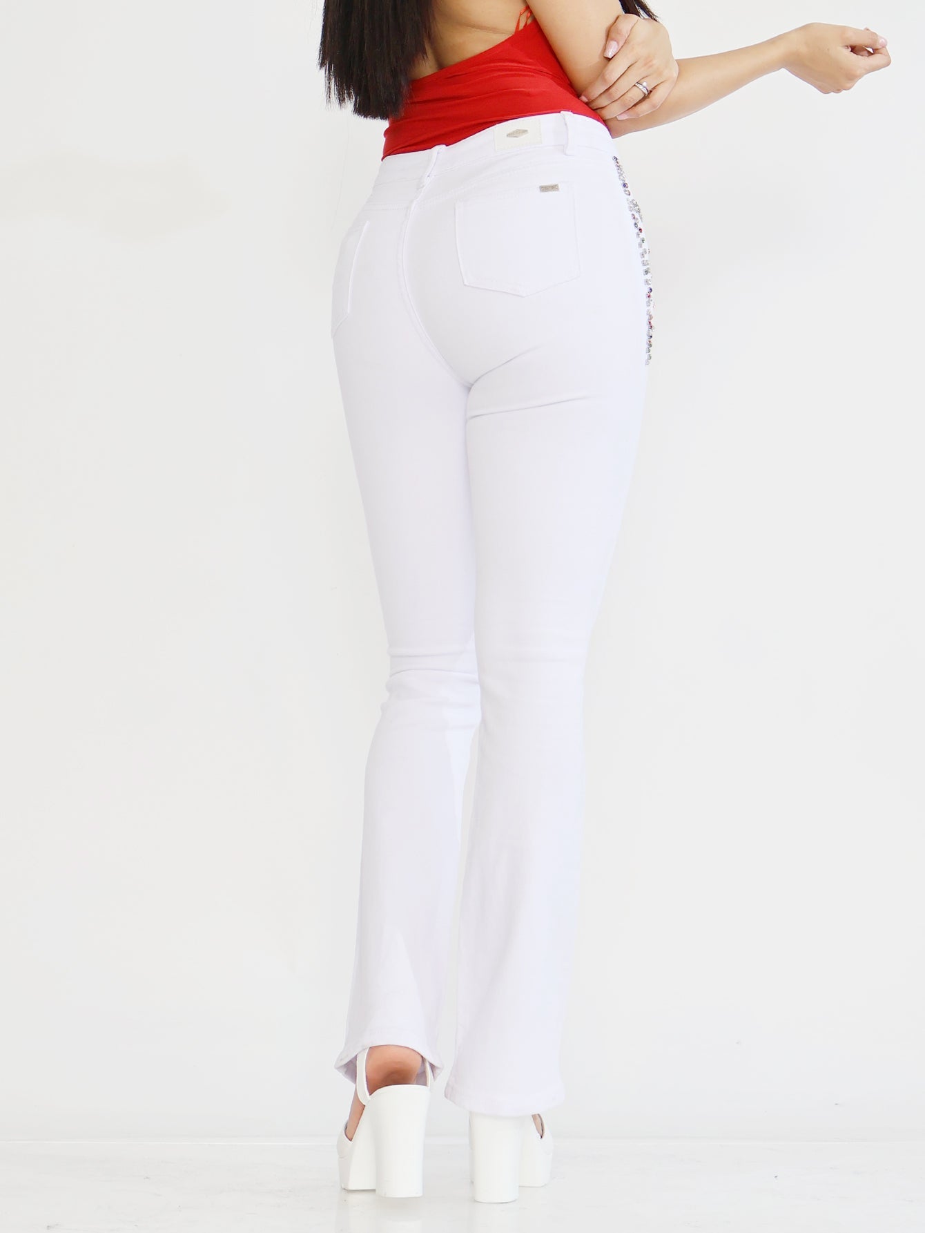 Pantalones Vaqueros Blancos con Cristales Brillantes - Jeans Acampanados de Cintura Alta para Mujer