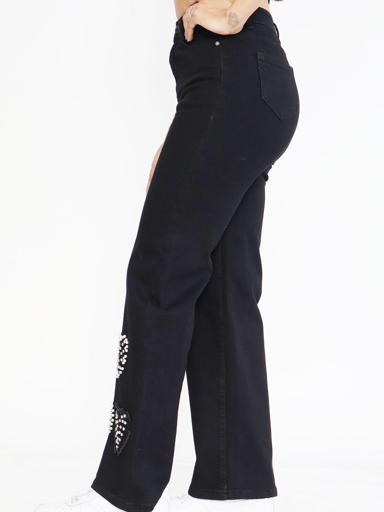 Pantalones Vaqueros Negros para Mujer - Diseño con Corazones de Lentejuelas