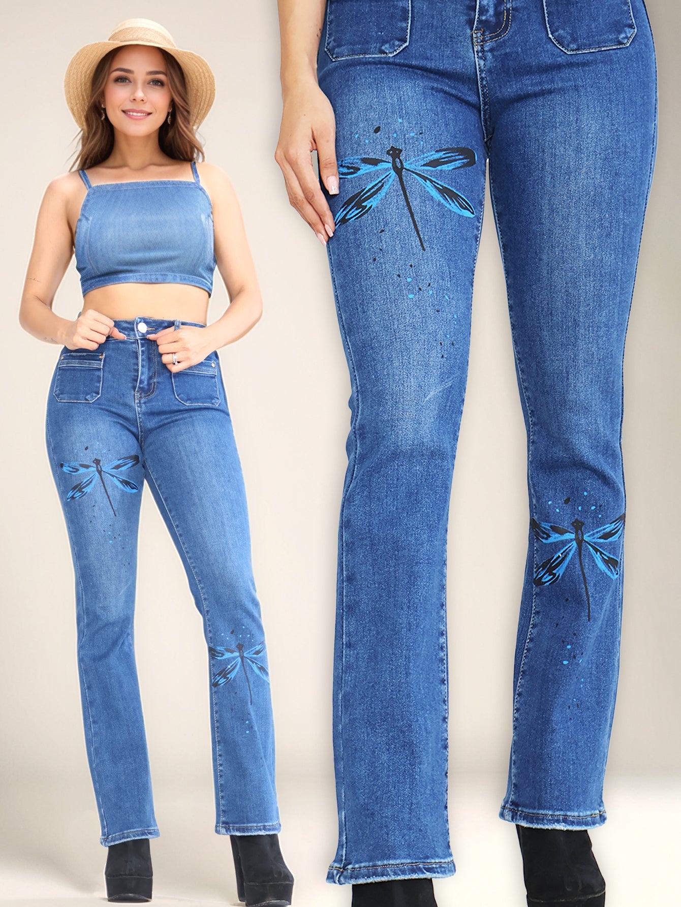 Jeans Ajustados de Mezclilla Acampanados para Mujer - Cintura Alta con Estampado de Libélulas en Azul Lavado