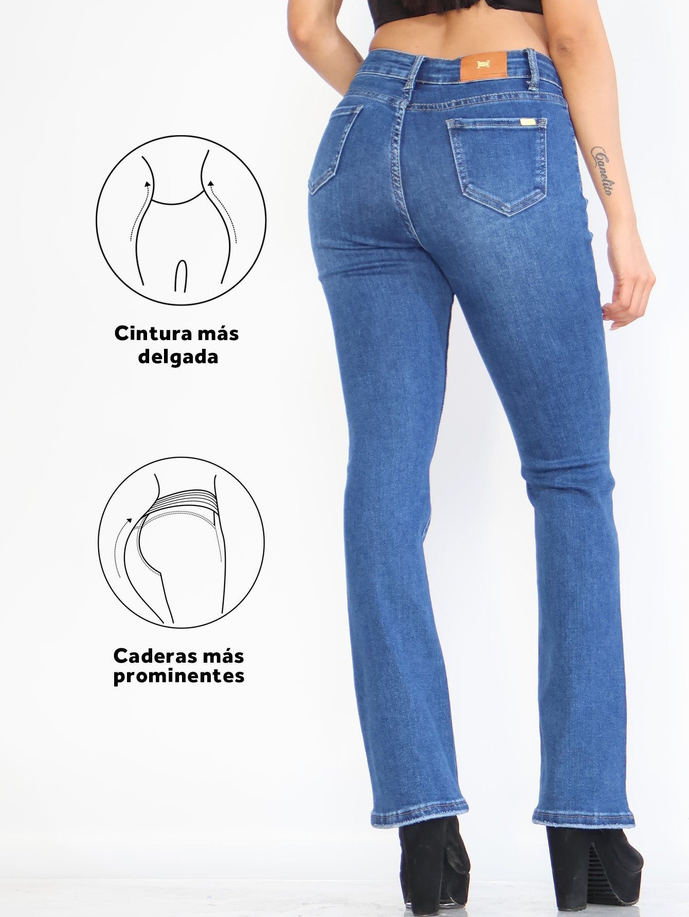 Jeans Ajustados de Mezclilla Acampanados para Mujer - Cintura Alta con Estampado de Libélulas en Azul Lavado